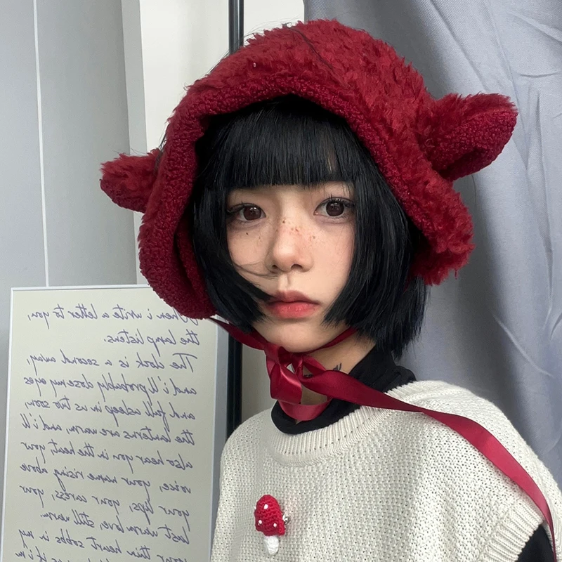 Orejeras de felpa con orejas de cachorro para mujer, Gorros de protección para los oídos, correas versátiles, cálidas, japonesas, Otoño e Invierno