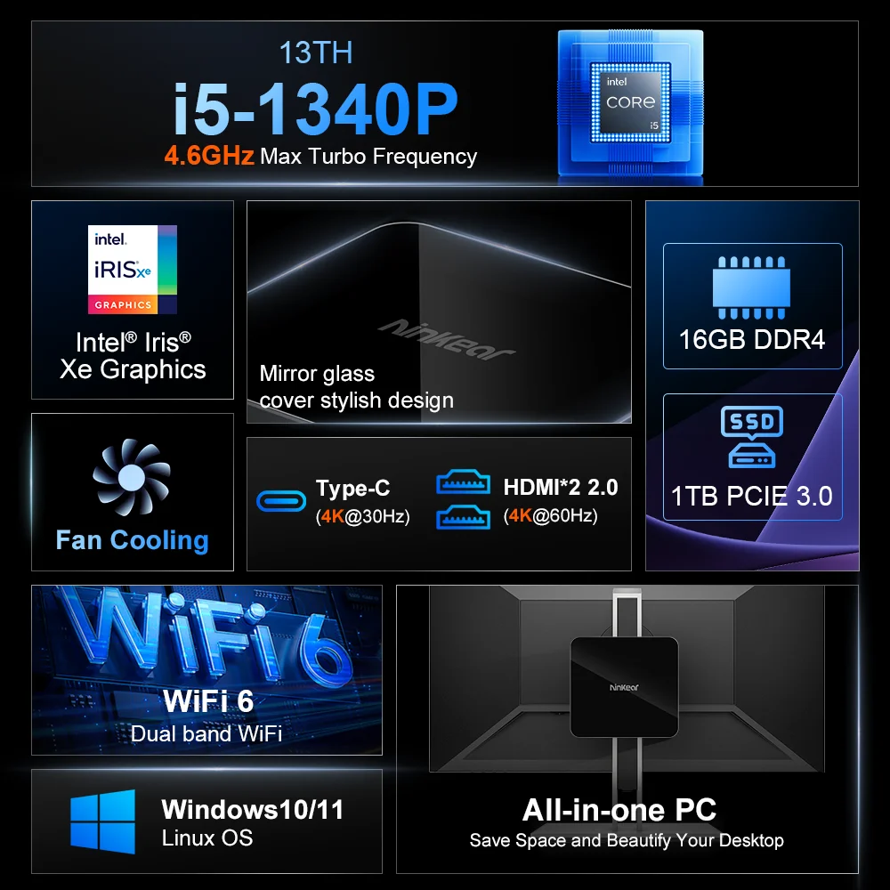 Ninkear n13 mini pc intel core i5-1340P bis zu 4,6 ghz 16gb ddr4 1t ssd für windows wifi 6 unterstützung 4k 3 display lüfter kühlung