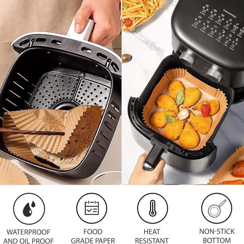 Revestimientos de papel desechables antiadherentes para freidora de aire, pergamino impermeable y a prueba de aceite para hornear, asar, uso en freidora de aire para microondas, 100 Uds.