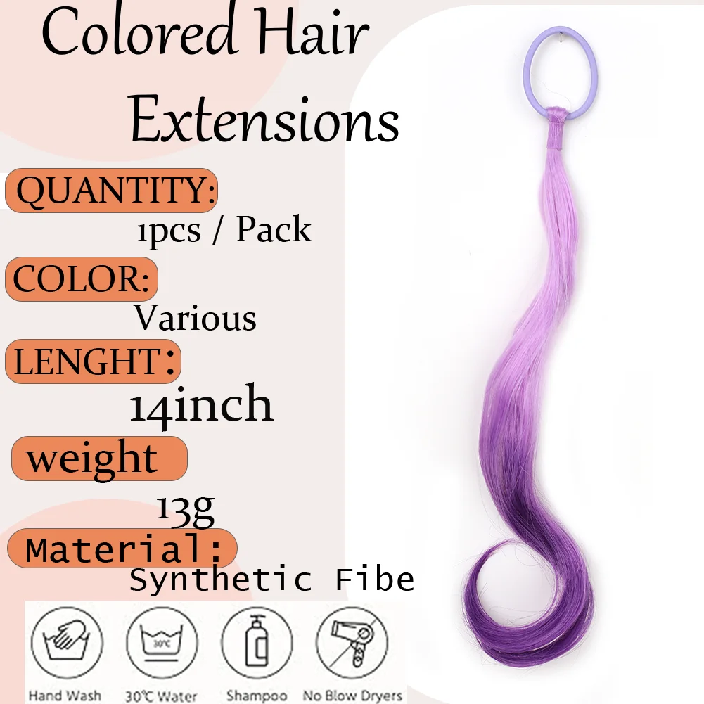 Extensiones de cabello de colores, extensiones de cabello de colores ligeros sintéticas de 14 "para niños, extensión de cola de caballo rizada con lazo elástico