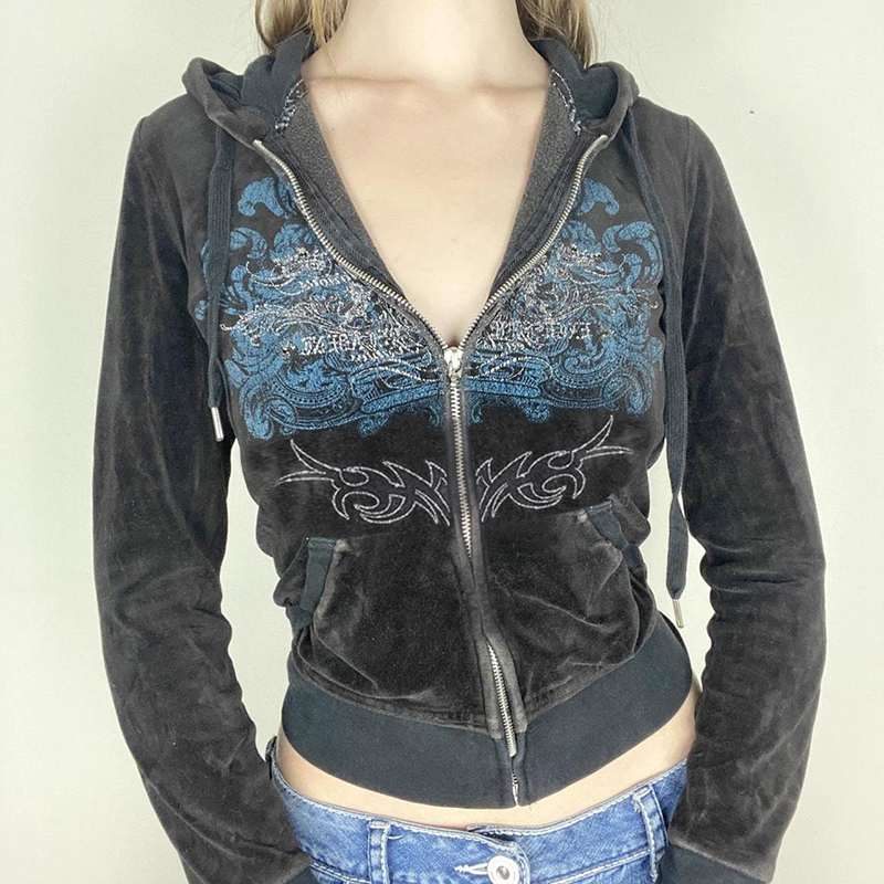 Y2k estética vintage magro sweatshirts bordado padrão gráfico zip up hoodies 2000s retro grunge shopping goth jaqueta outono casaco