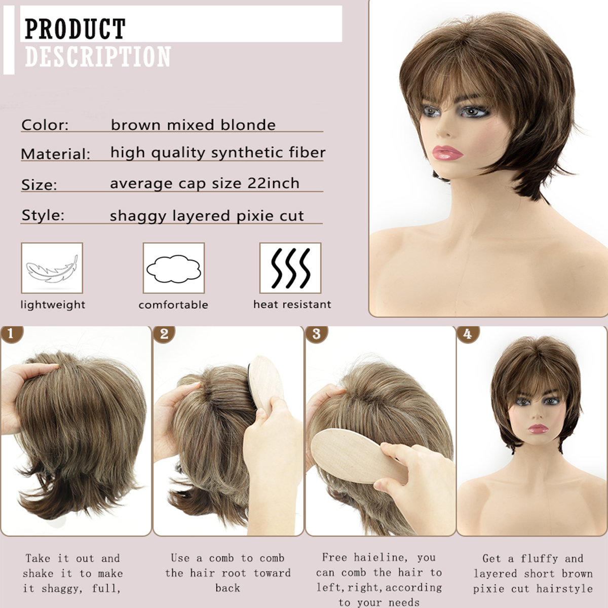 Corto marrón para mujeres blancas Corte Pixie en capas con reflejos rubios Pelo sintético de aspecto natural Wit