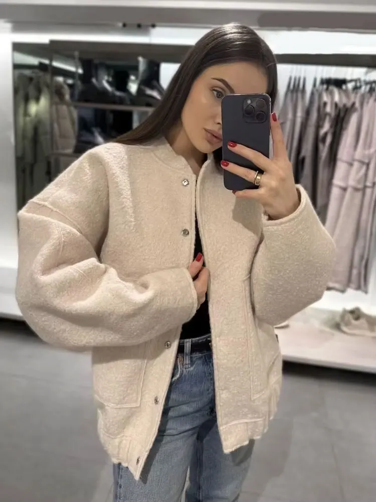 Moda feminina com bolsos oversized jaqueta bomber casaco vintage manga longa botão de pressão feminino outerwear chiques topos