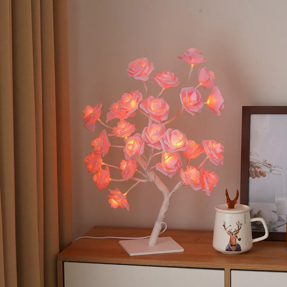 Lámpara de rosa de 24 LED, decoraciones de mesa de árbol de luz rosa para boda, día de la madre, decoraciones del día de San Valentín, regalo para niñas y mamás