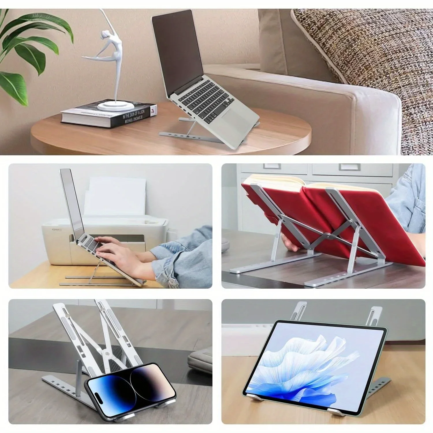 Soporte de aluminio ajustable para computadora portátil: altura de 6 niveles, diseño plegable y portátil para computadoras portátiles de 8-16 pulgadas, ventilación y calor mejorados