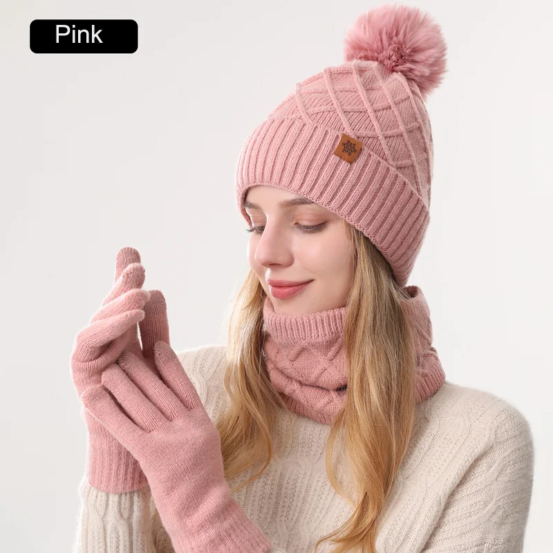 3 pz/set delle Donne Beanie Cappello Sciarpa Guanti Set Per 2025 Autunno Inverno Caldo Fuori Sport Sci Cappelli In Pile Sciarpa Al Collo