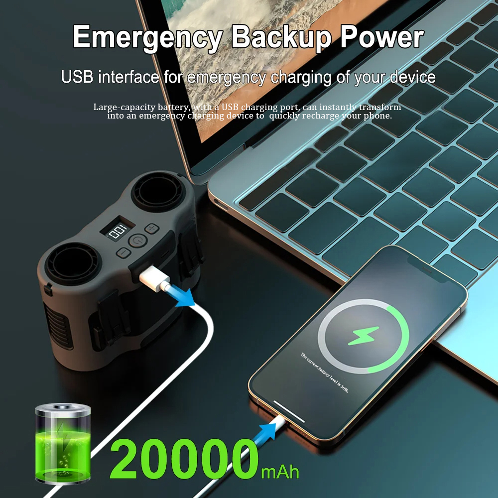 Draagbare tailleclipventilator Draagbare mini USB oplaadbare hangende ventilator voor buitenwerken Dubbele luchtuitlaat Tailleventilator 20000mAh