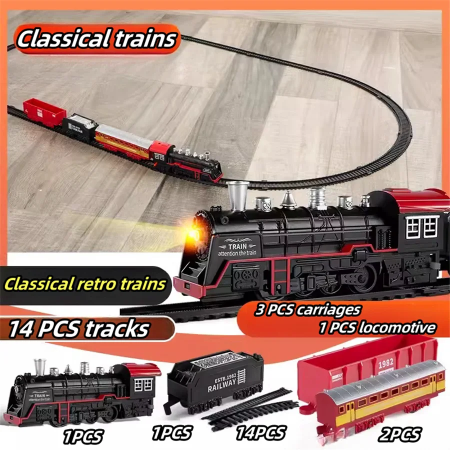 Conjunto de trilhos de trem elétrico com luzes, som, simulação retrô, modelo de carro ferroviário, brinquedos ferroviários para crianças, presente de natal