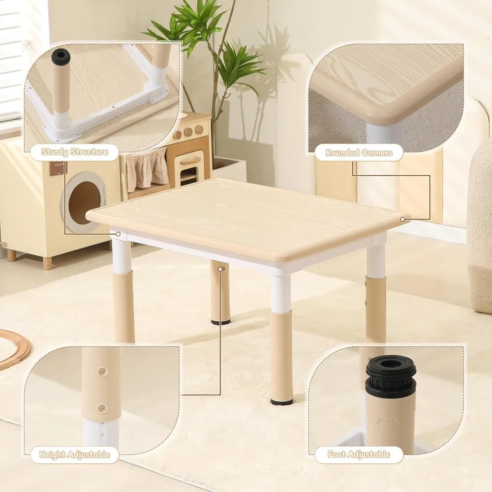 Height-Adjustable Kids Table and Chairs, Toddler Table and 4 Chairs Set with Anti-Slip Foot Covers, Children Activity Table