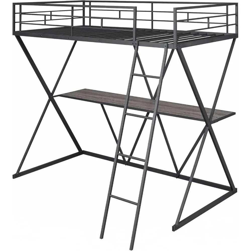 Twin Loft Bed with Desk, Loft Bed Twin Size with Ladder and Full-Length Guardrails, X-Shaped Frame, Black Metal Loft Bed Frame