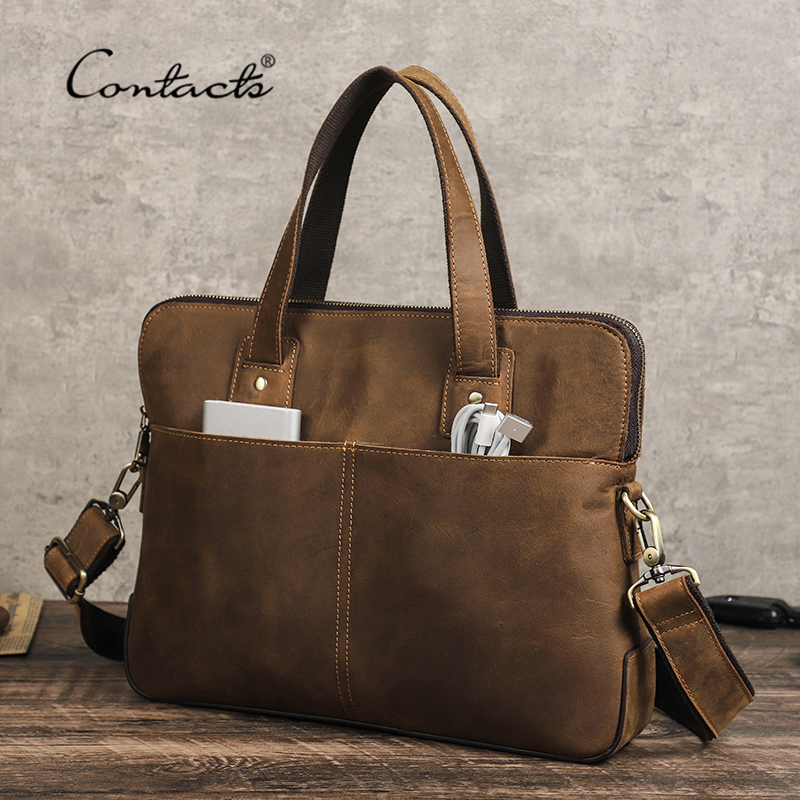 CONTACT'S-maletín Vintage de cuero genuino para hombre, bolso de hombro informal para ordenador portátil, de gran capacidad, para Macbook 13 ''16''