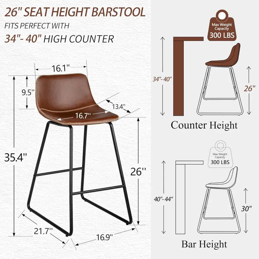 3-Piece 26 Inch Brown Faux Leather Bar Stools with Backrest – Ideal for Kitchen Island & Counter