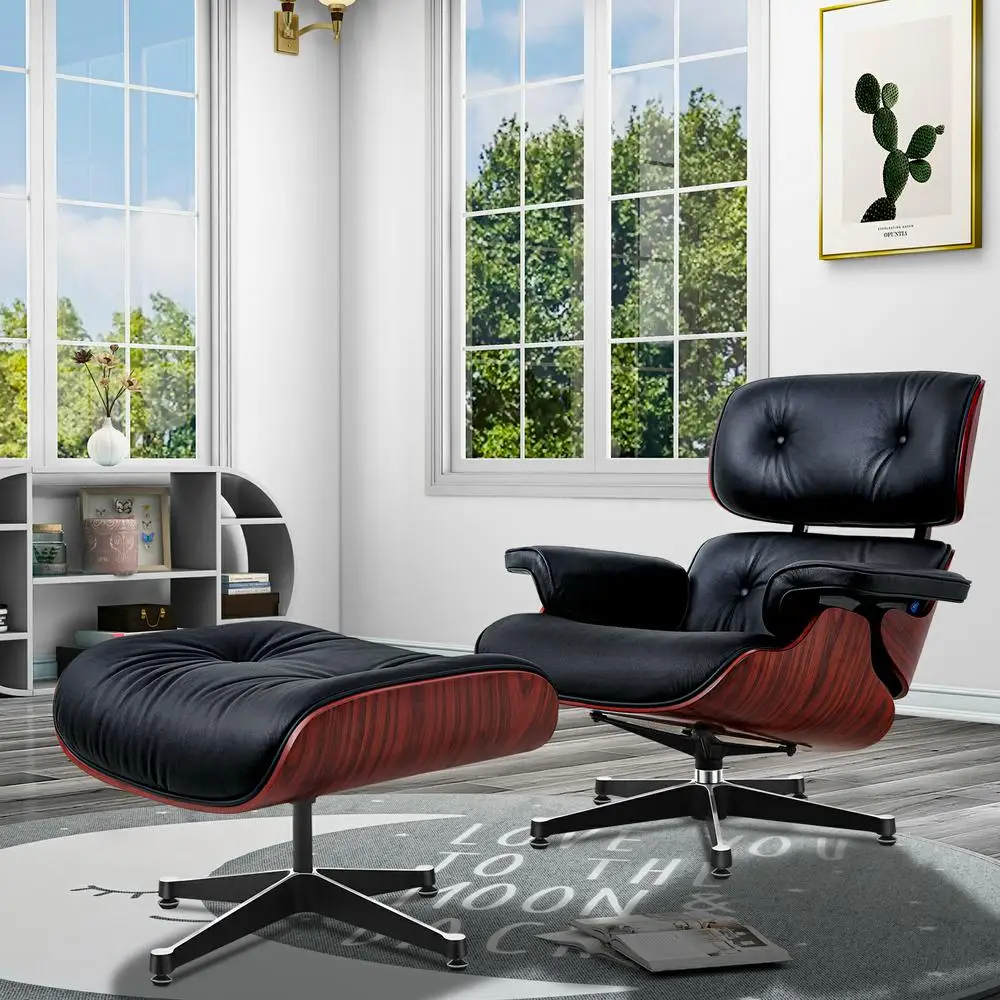 Fauteuil inclinable classique TY302, branche d'acide profond, avec cuir de vache noir, grande tête, pied pivotant, meubles, Stock ue
