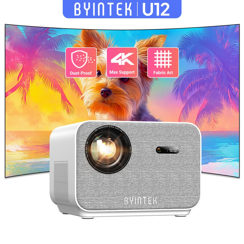 BYINTEK LOVE U12 Full HD 1080P Proyector 4K 800 ANSI Android WiFi 6 Proyectores de cine en casa con enfoque automático para vídeo de reuniones de películas