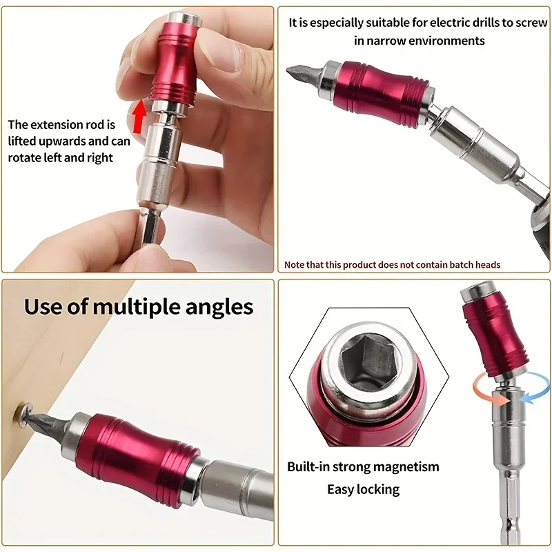 1PC Red 1/4" Pivoting Magnetic Screw Drill Bit Tip Holder Screwdriver Woodworking Tool Quick Change Locking Guide Bit Extension