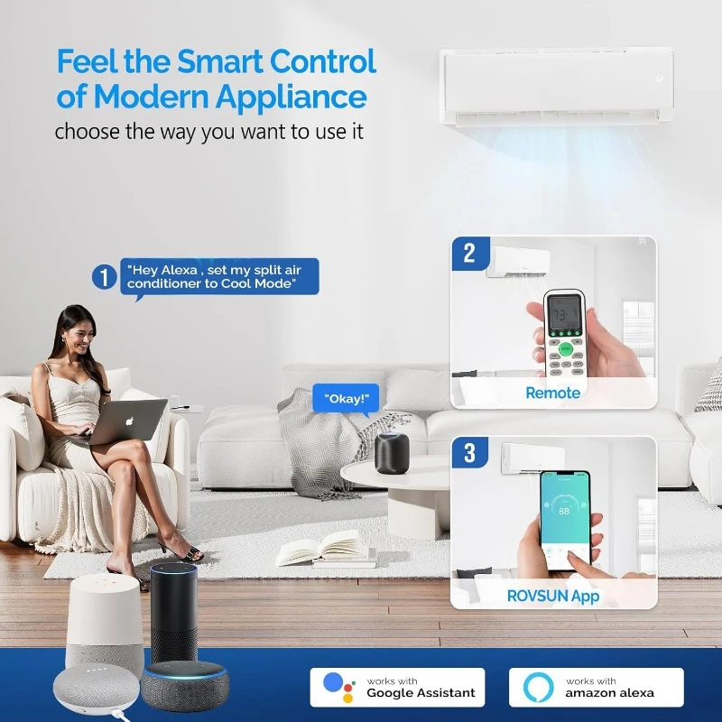 11000 BTU Wifi Enabled Mini Split Air Conditioner & Heater, 17 SEER2 230V Inverter Ductless Wall AC Unit
