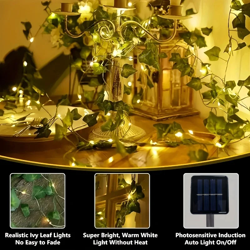 12mSolar Ivy String Lights LED Outdoor Artificial Vine Christmas Garland Fairy String Plant Lamp Maple Leaf Green Rattan String