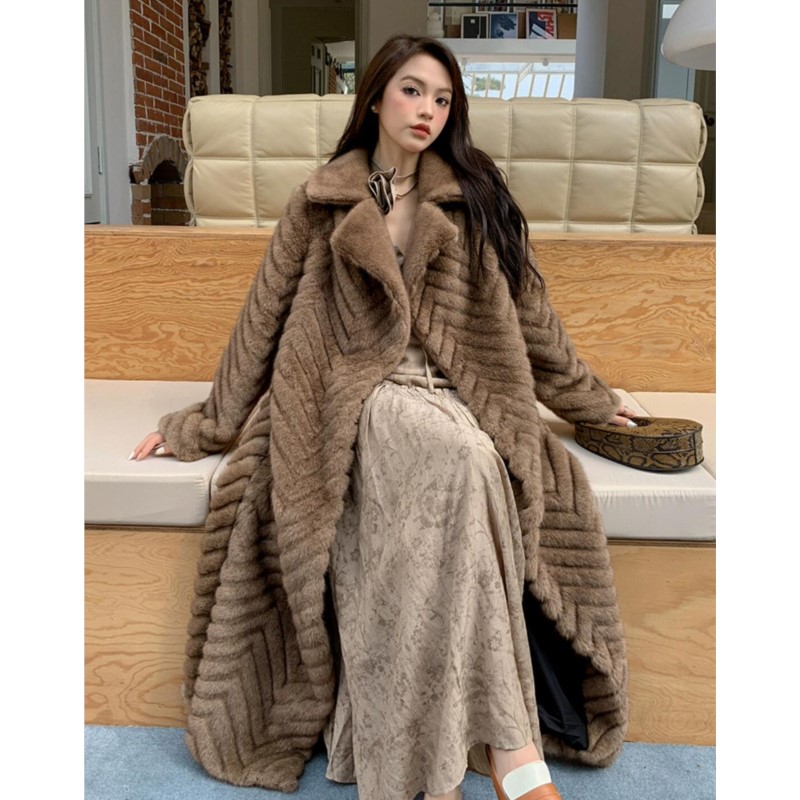 Manteau d'hiver en fausse fourrure de vison pour femme, motif de bande ondulée, gaufrage marron, ceintures à nœud, manches longues, ample, chaud, x-long, vêtements d'extérieur