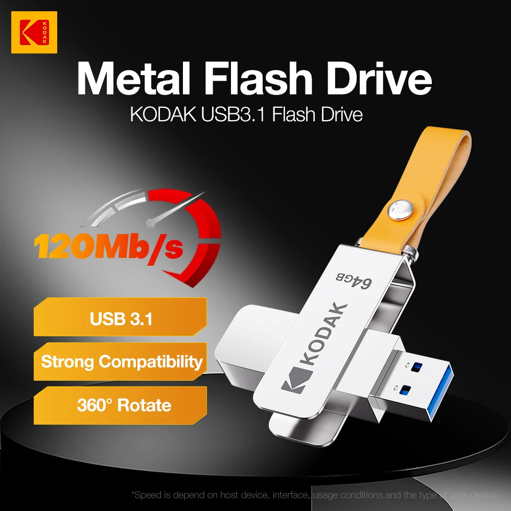 Kodak K133 USB 3.1 Flash Drive 64GB 128GB 256GB 512GB Read Speed 120MB/s Metal Body Leather Band USB3.1 Pen Drive for PC & HD-TV