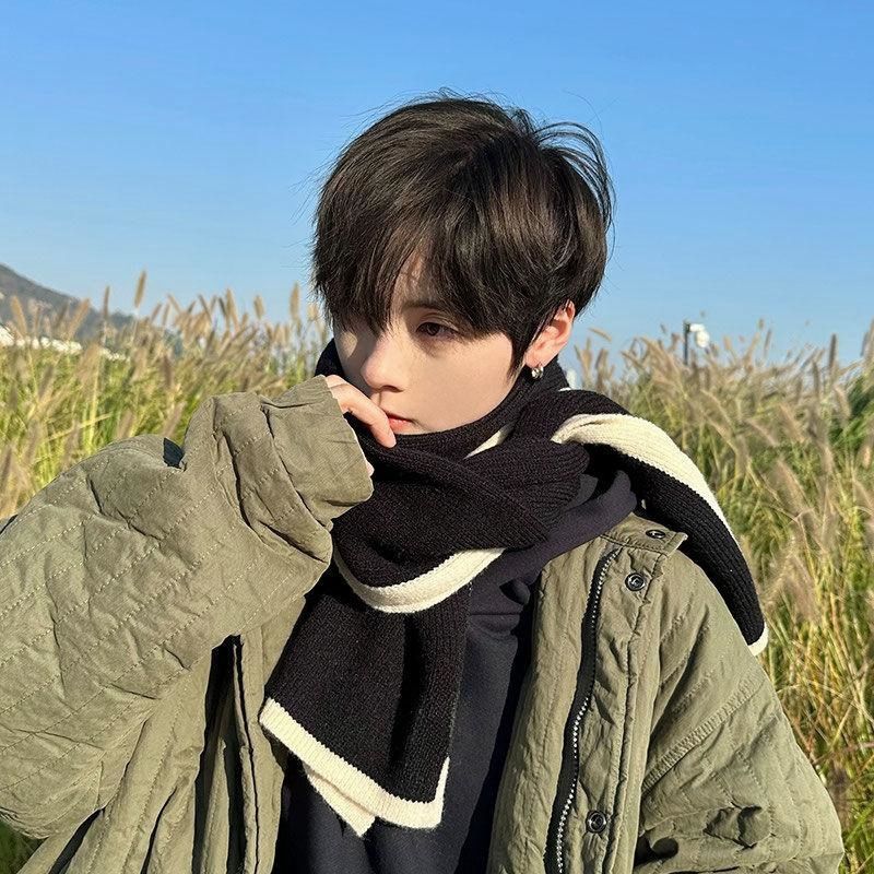 Lenço de lã estilo coreano para mulheres, lenço de malha elástica, bandana listrada, lenço grosso, xale quente, design feminino, inverno, 2023