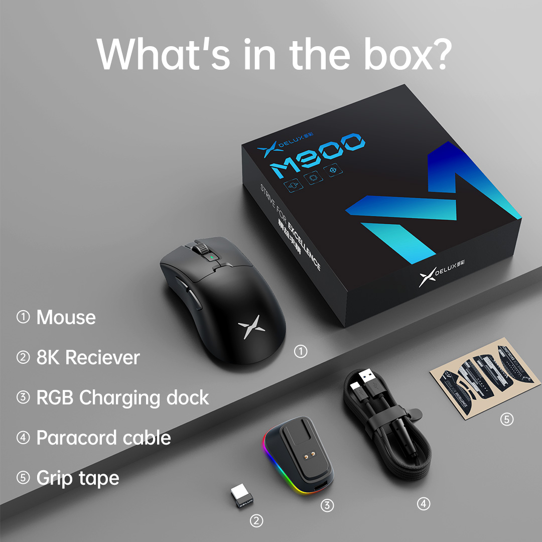 Беспроводная игровая мышь Delux M900PRO, эргономичная, 8K, PAW3395, 63 г, магнитная зарядная док-станция RGB для правой и большой руки, ПК-геймер