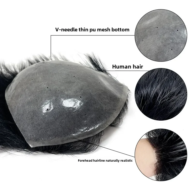 100% Human Hair Full Biological Scalp Prosthesis Toupee Ultra Thin Breathable PU Men Capillary Prothesis Soft Invisible Toppers