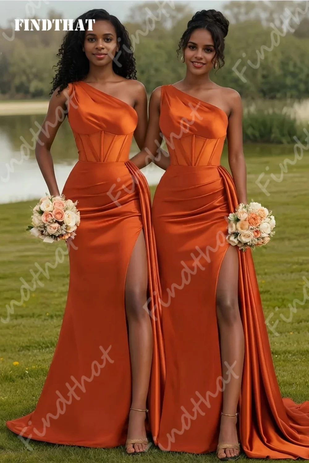 Findthat Brautjungfernkleid im Meerjungfrau-Stil mit hohem Schlitz für Party, One-Shoulder-Orange, langes Abendkleid, Hochzeitsgastkleid, individuell gestaltet