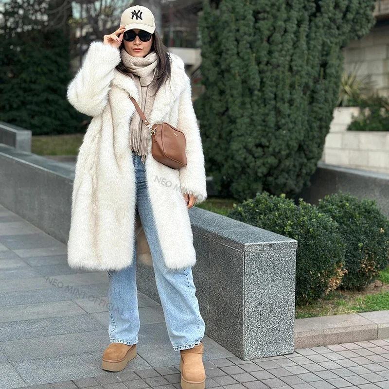 Neo Mint Slouchy Chic Gradient ยาว Eco Faux Fur Coat ผู้หญิงฤดูหนาวหนา Warm Fluffy Fox Fur Jacket แบรนด์แฟชั่นสาวเสื้อกันหนาว