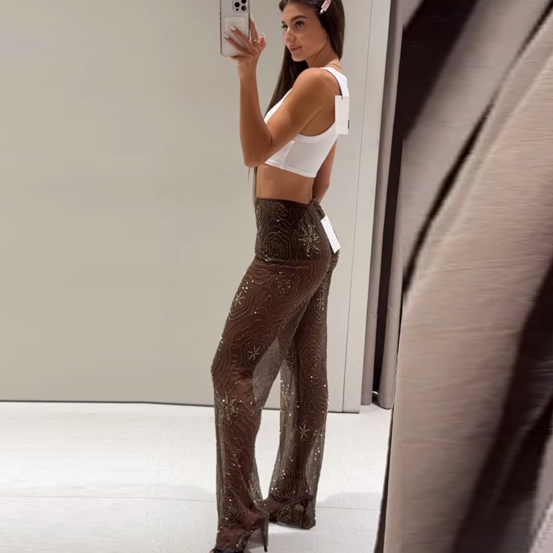 HXAO Women's Pants Spring Summer 2025 Beading Brown Trousers Sequins Translucent High Waist Pants Ladies Streetwear Casual Pants