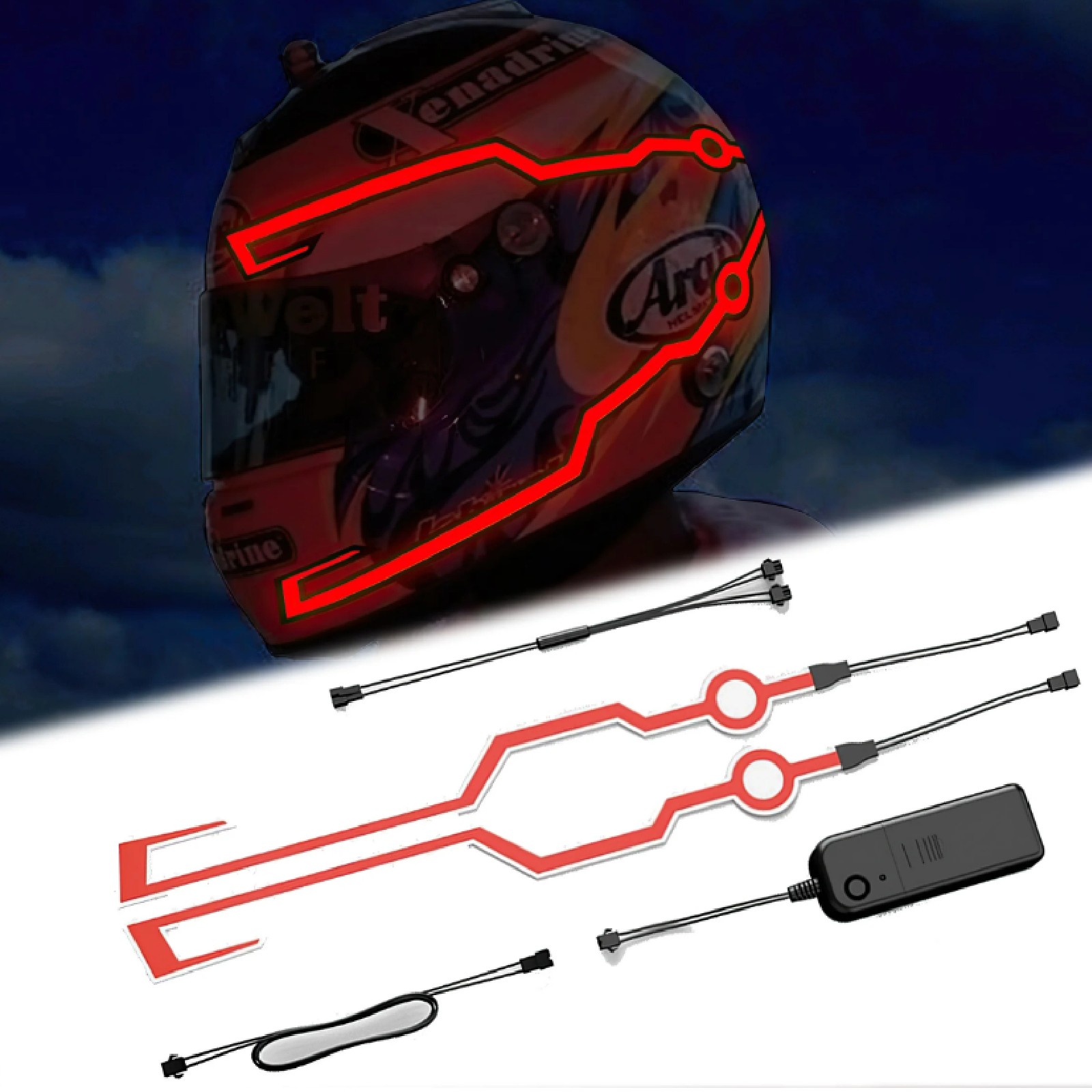 オートバイ用ヘルメットLED警告灯,ナイトライト,モーターサイクルライト,コールドライトストリップ,防水ステッカー,4点滅アクセサリー,新品