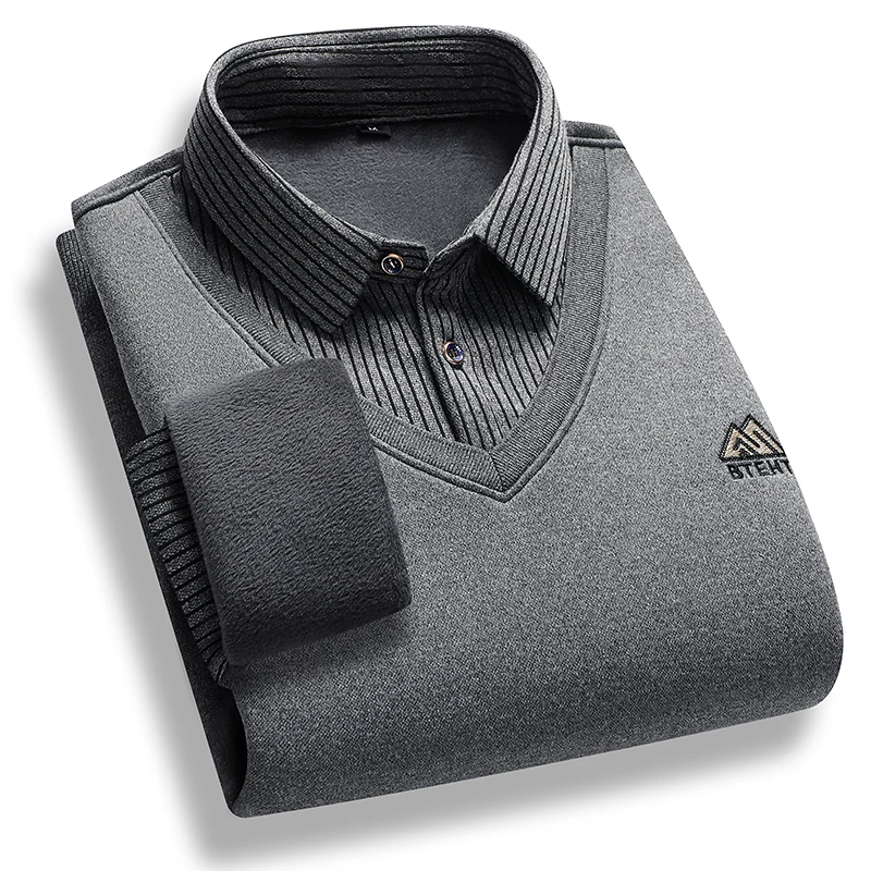 Herren-Pullover mit Fleece-Futter, Polokragen, Pullover, Oberteile, gefälschte zweiteilige Mode, Business, lässige Pullover, dicke Winterkleidung