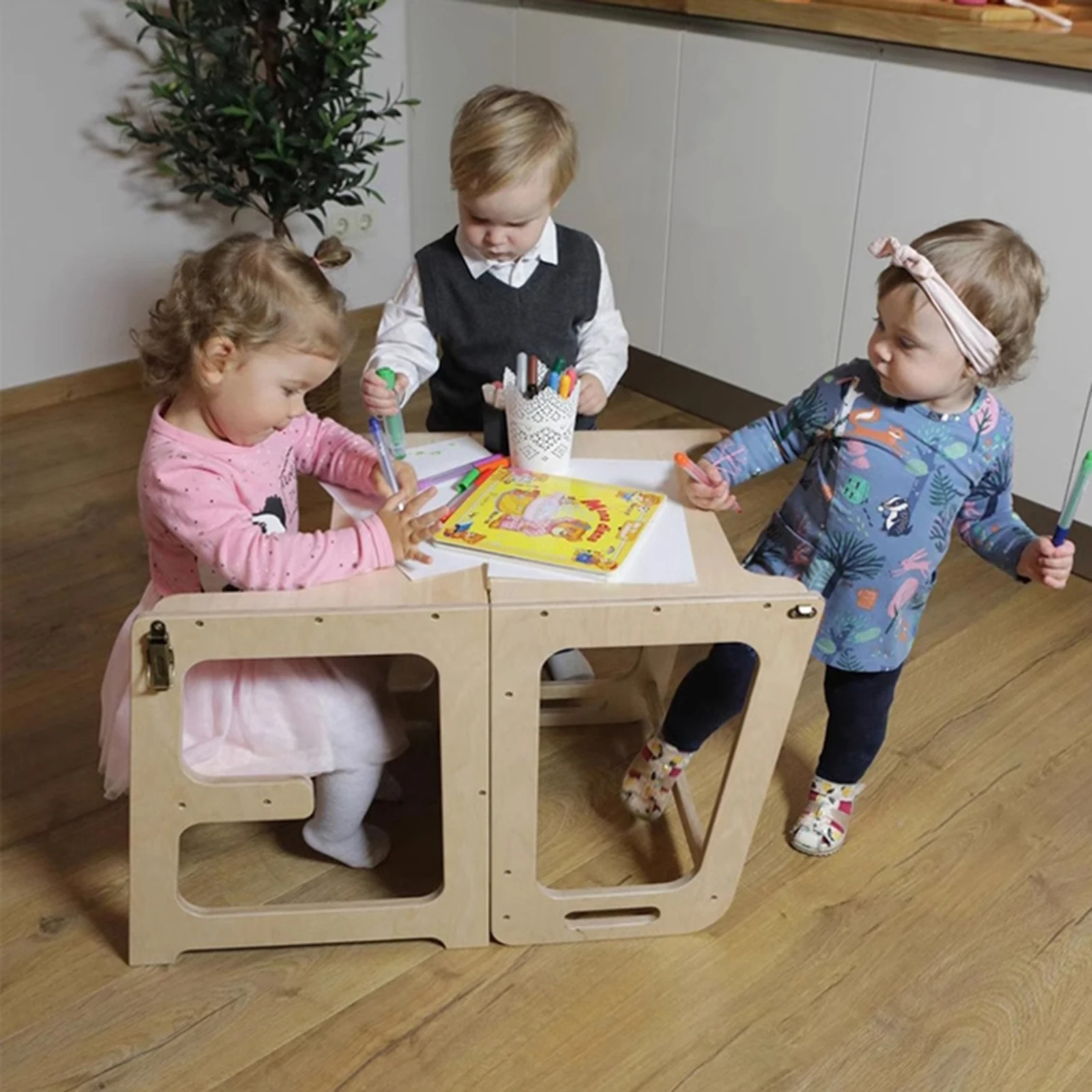 XIHATOY เด็กห้องครัวสตูลเด็กเก้าอี้สูงเด็กวัยหัดเดินไม้พับ Learning Tower พร้อมกระดานดํา