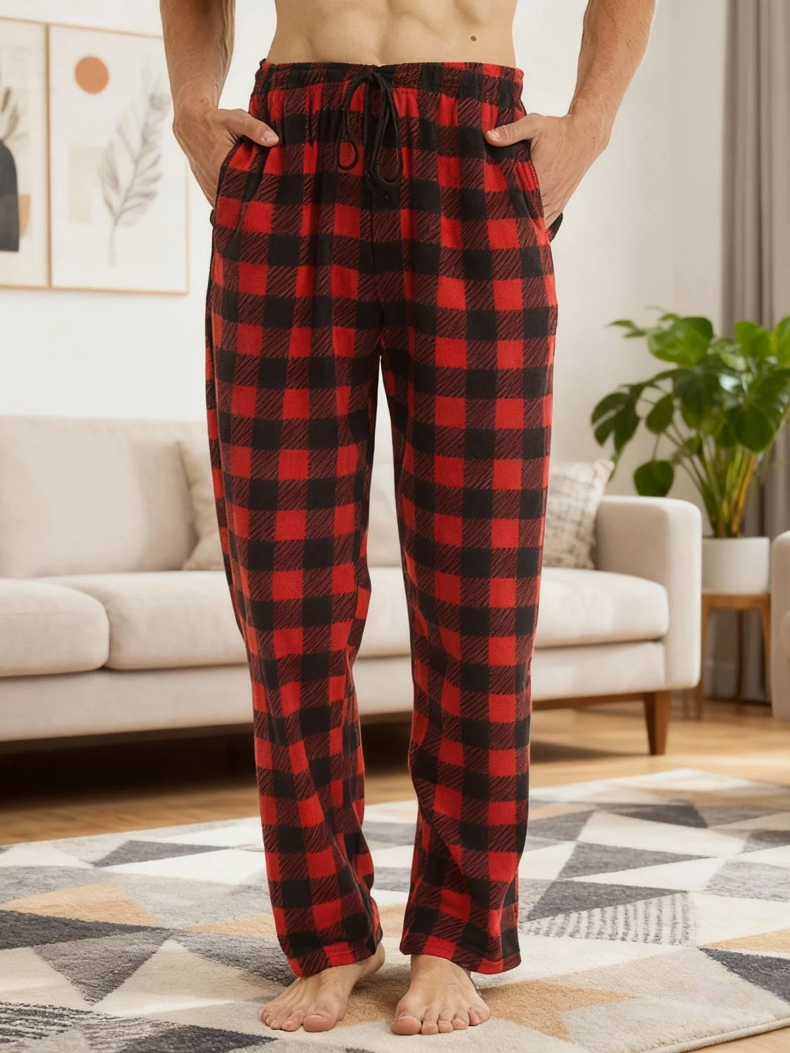Weihnachts-Pyjamahose für Herren, Winterhose, Fleece, Lounge-Nachtwäsche, leichte karierte PJ-Hose mit Taschen, Mikrofleece