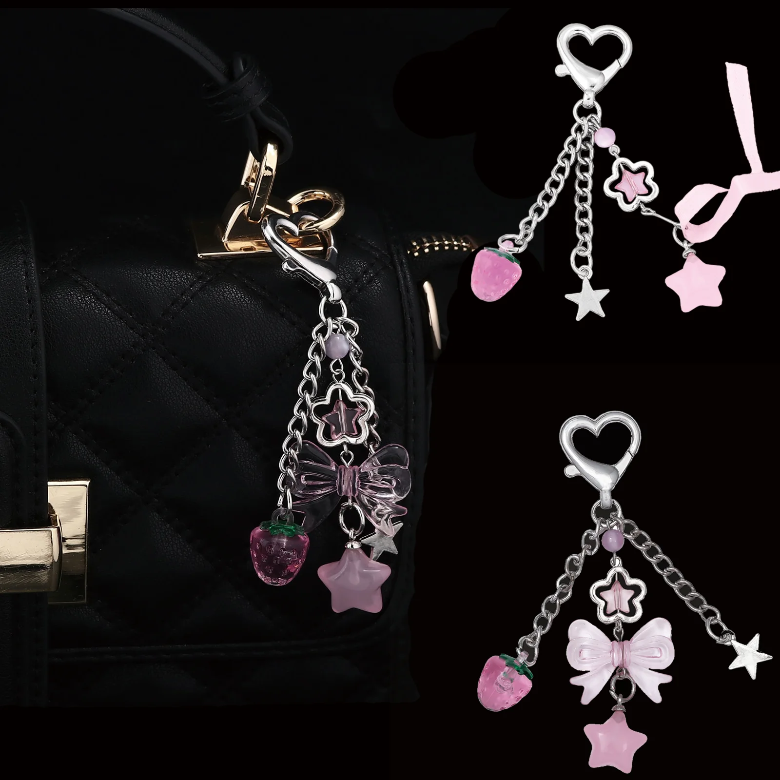 1 pz portachiavi con fiocco stile dolce ciondolo rosa telefono cellulare creativo catena corta amore stella a cinque punte accessori decorazione borsa