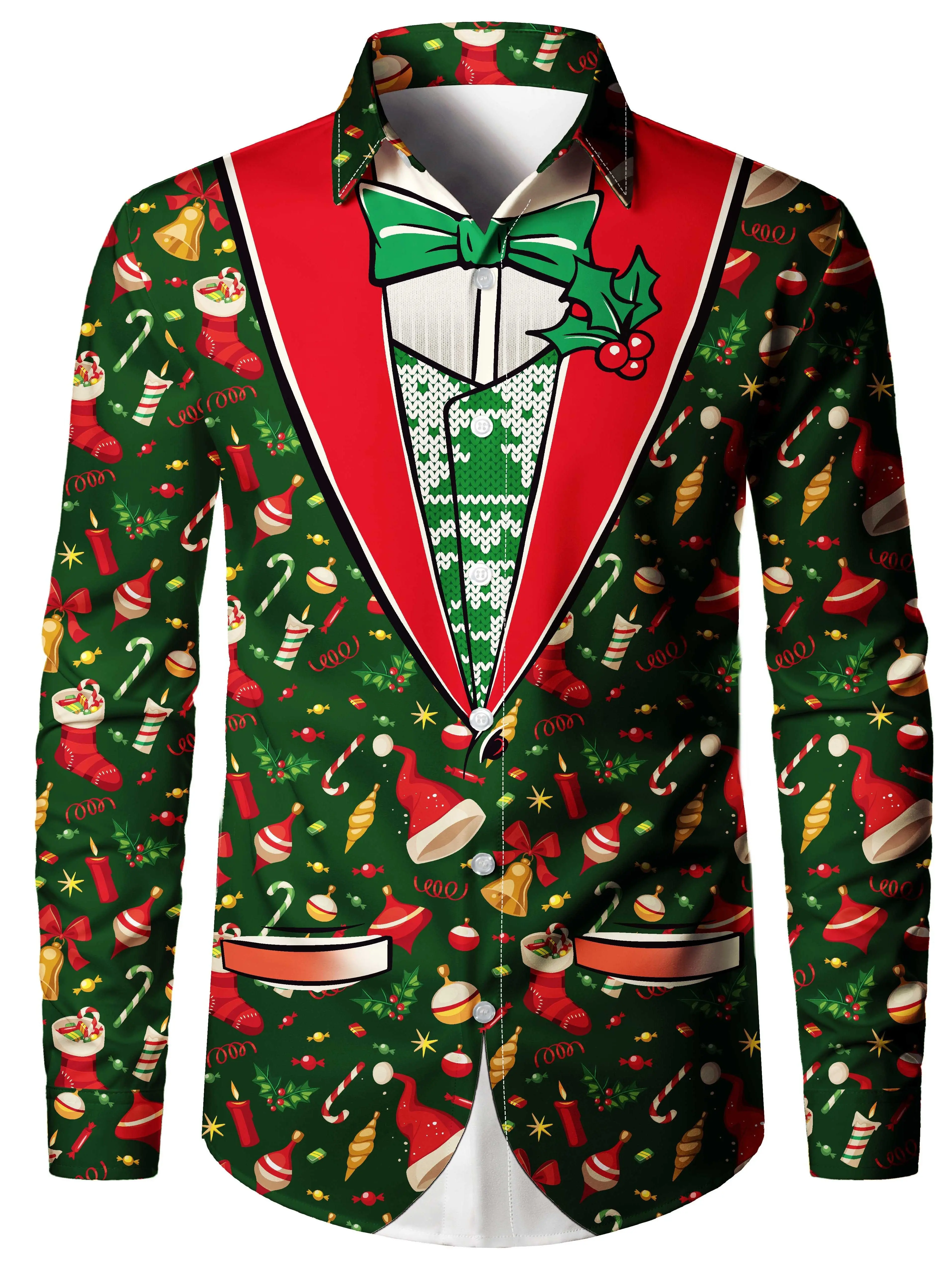 Tema navideño, traje falso para hombre, abrigo de cola, camisas formales estampadas, gráficos navideños, camisa de manga larga, camisas de moda para hombre