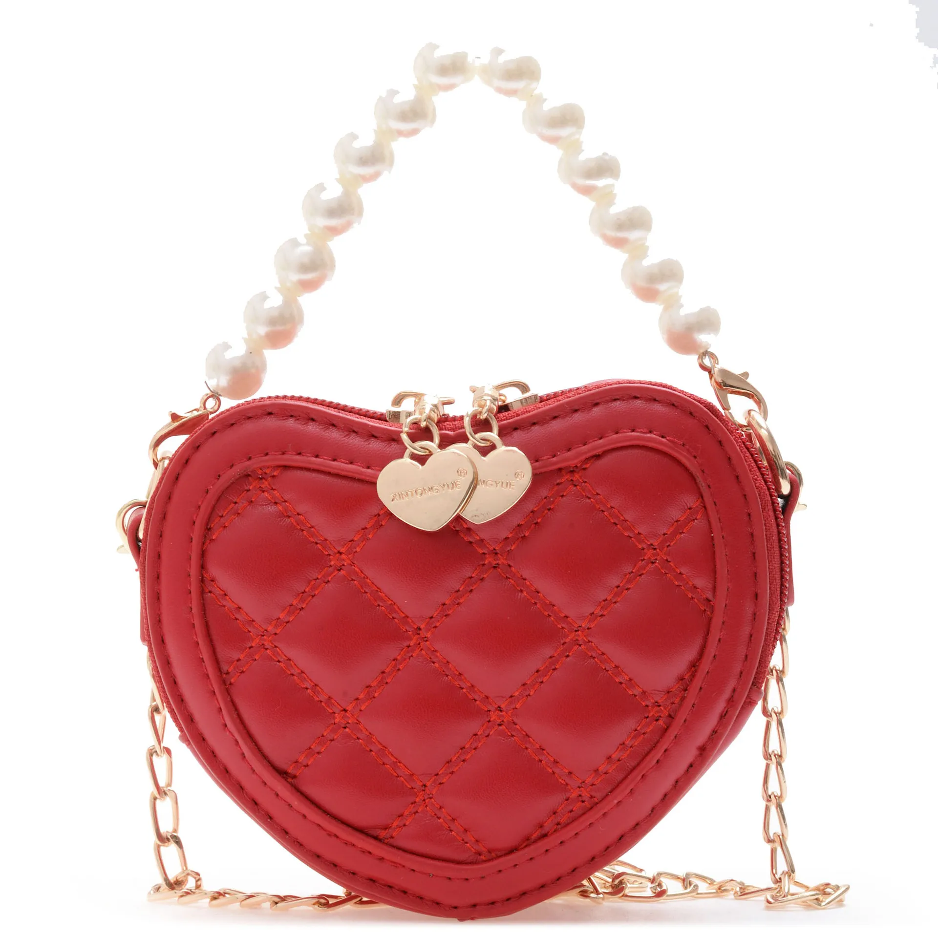 Mini bolsa mensageiro de ombro em forma de coração com alça de pérola para meninas, bolsa princesa, bolsas fofas para crianças