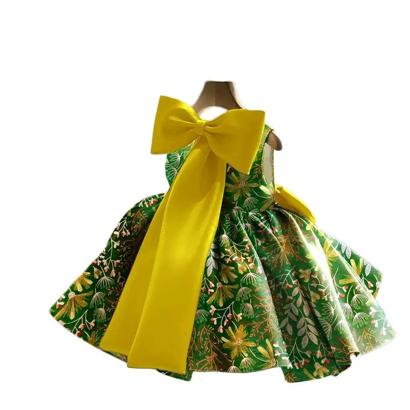 Vestido de satén con brocado verde de lujo para niñas, vestido de baile para fiesta de cumpleaños y boda con flores para bebés, Navidad para niños pequeños de 1 a 12 años