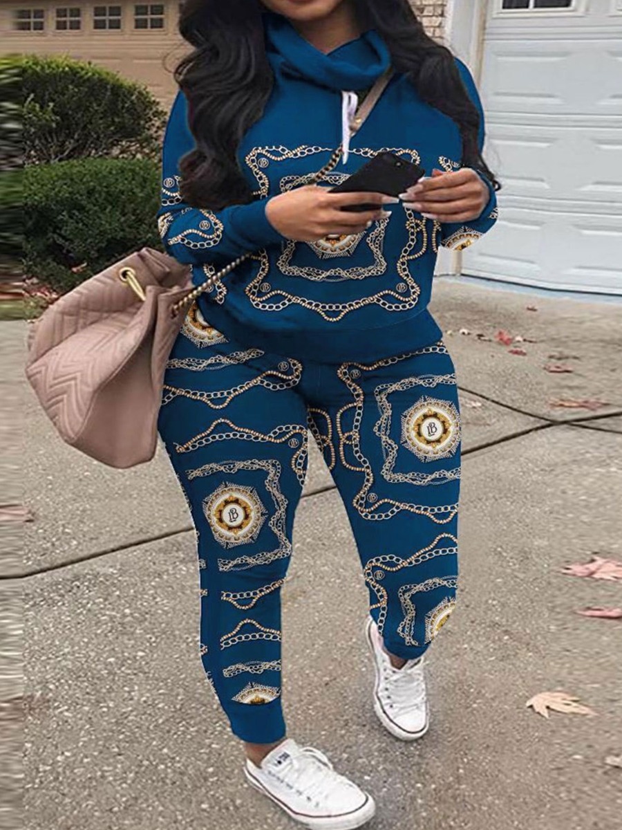 LW Plus Size 2023, женский спортивный костюм с цепочкой и принтом, брюки на шнурке, комплект женских осенних спортивных брюк для женщин, комплекты брюк из двух предметов