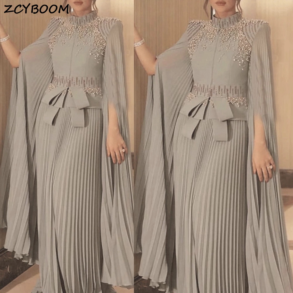 Vestidos grises para madre De la novia, Vestido De fiesta De boda De manga larga De gasa plisado con cuentas, Vestido Formal De noche para fiesta, 2025