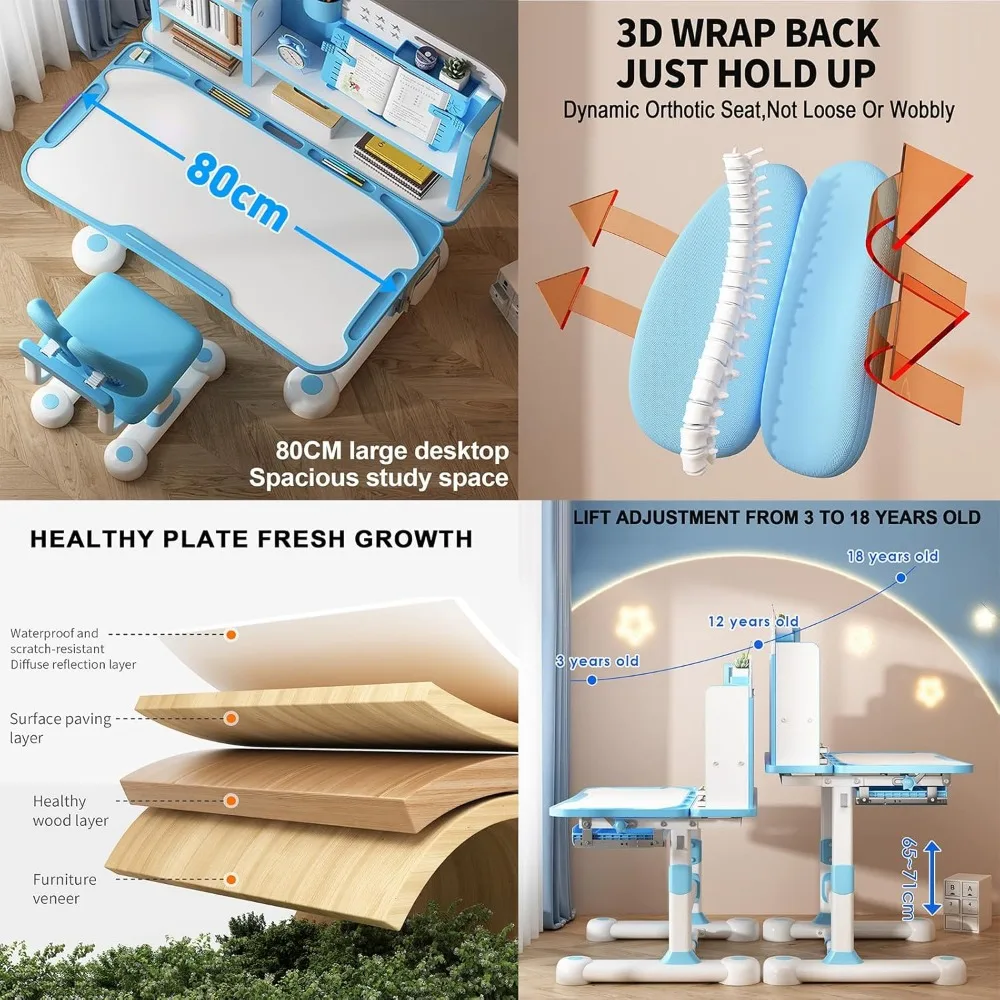 Small Desk, Kids Study Desk Chair Set, Height Adjustable Children School Study Table Chair Set with Sitting Corrector