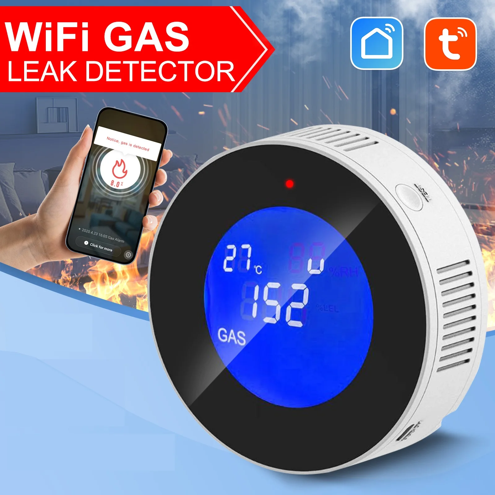 TuyaWiFi Smart Wireless Home Gas Detector with LED Screen Display Gas Leak Alarm