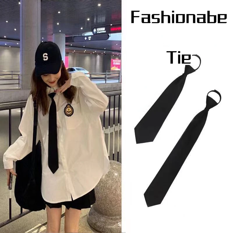Cravate noire unisexe à fermeture éclair, rétro, soyeuse, col étroit, Slim, lisse, nœud papillon pour femmes, Style coréen, Simple, élégant, assorti avec tout, tendance