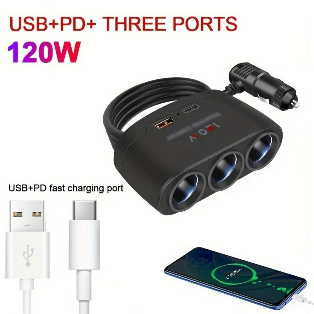 Mutil soquete 120w carregador de carro adaptador de isqueiro universal usb carregamento rápido qc3.0 adaptador de alimentação para iphone gps dashcam