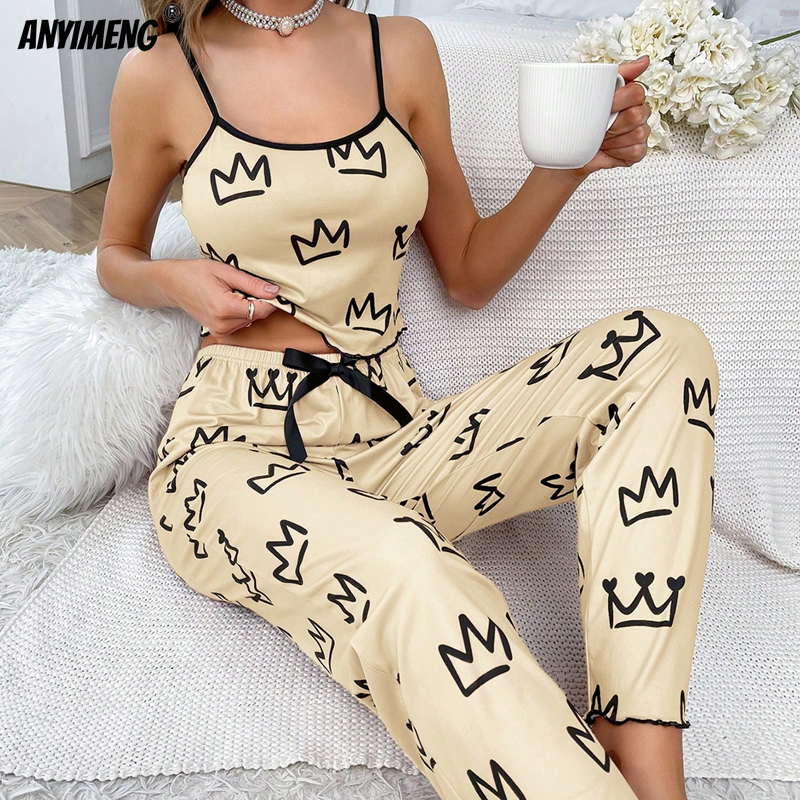Conjunto de pijamas de piernas anchas con estampado de corona para mujer, Pijama de moda para niña, ropa de dormir de seda de leche suave, ropa de dormir Sexy informal para mujer