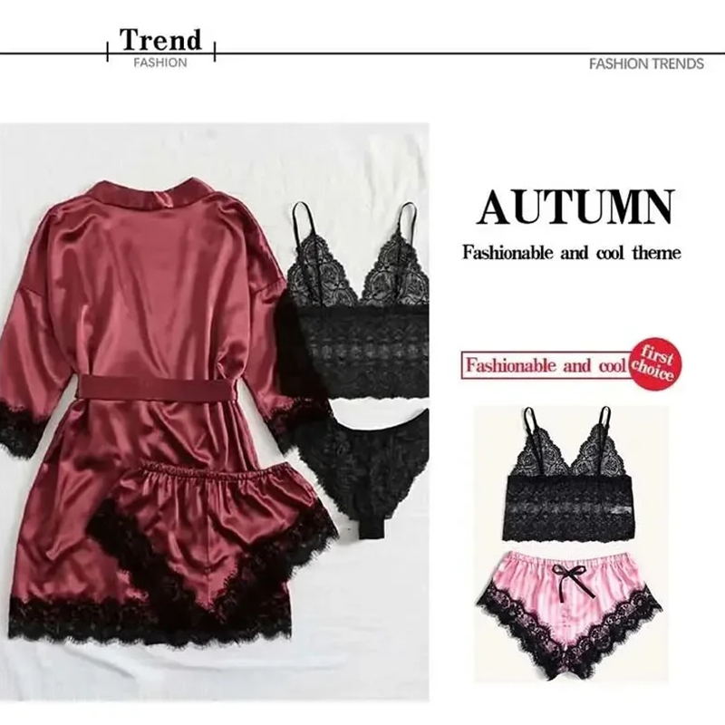 Damenmode-Pyjama-Set mit Aufdruck, sexy Spitzenbesatz, Kunstseide, Satin, Kleid, hautfreundlich, bequem, Loungewear, sexy Pyjamas