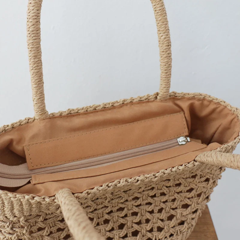 ผู้หญิงฟางกระเป๋าถือขนาดใหญ่ฤดูร้อน Beach Tote ทอรอบด้านล่างกระเป๋าถือไหล่กระเป๋า Vocation กระเป๋าถือ K5DA