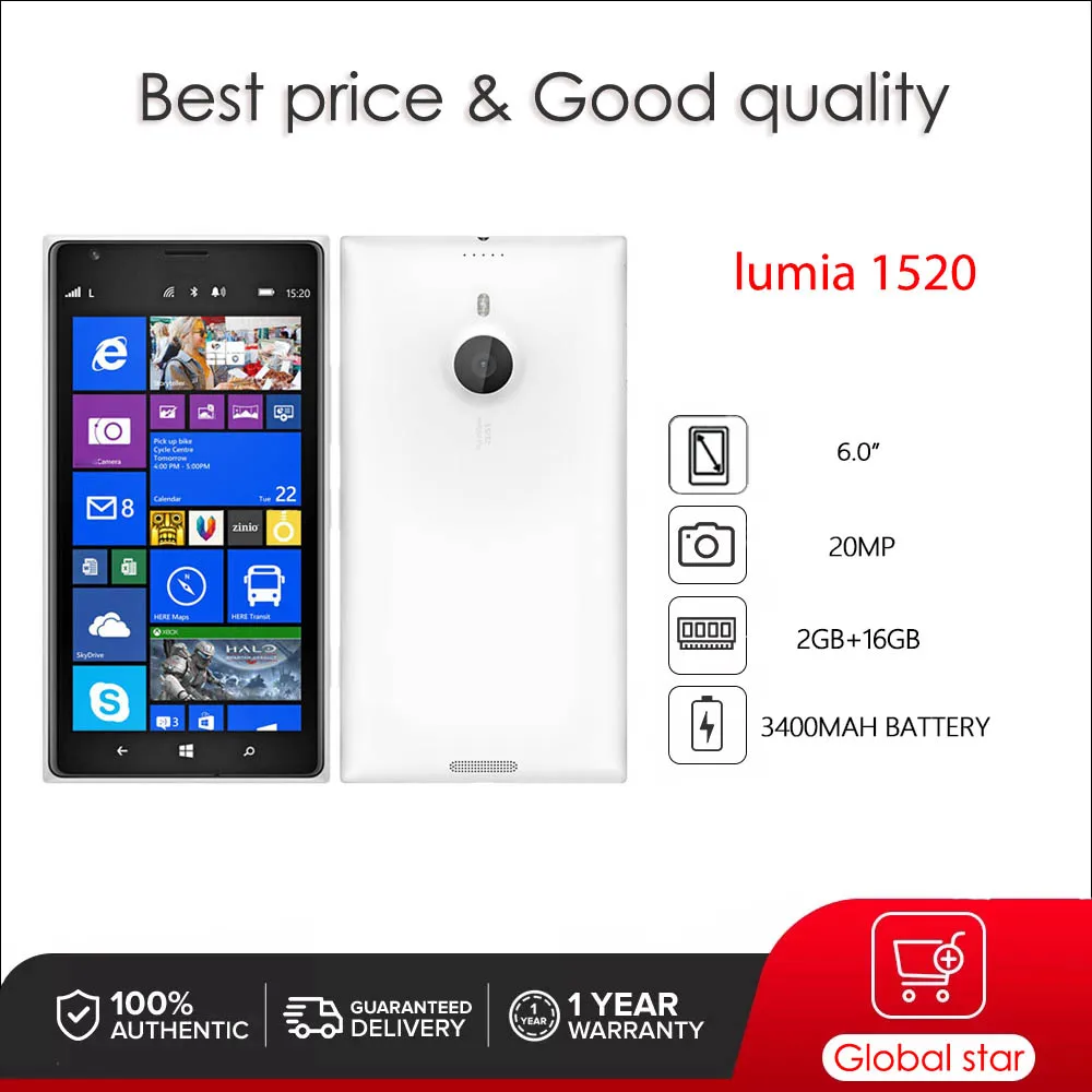 Original Lumia 1520 4G 20MP 6.0" WIFI 2GB+32GB Bluetooth CellPhone  Made in Finland Unlocked