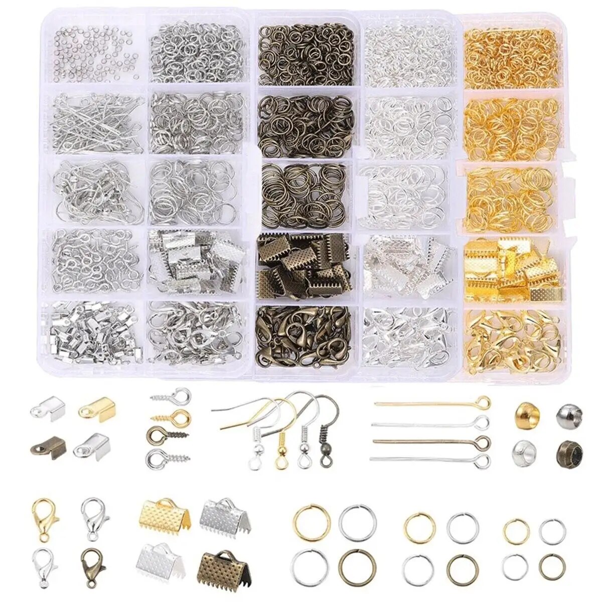 700PCS 4 สี 10 ตารางกล่องอุปกรณ์ตกแต่งกุ้งก้ามกรามหัวเข็มขัดม้าหัวเข็มขัดเปิดวงกลมเดี่ยวหู Hook 9 ตัวอักษรเข็ม
