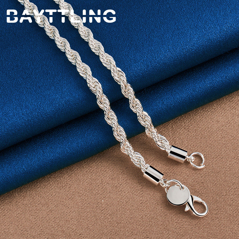 Accesorios de plata de ley 925 para hombre, 4MM, 40-60cm, 2 uds., collar de cadena de cuerda, pulsera, joyería de regalo de boda a la moda para mujer