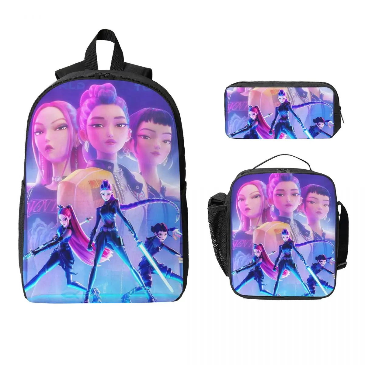 3 pezzi Kpop Demon Hunters Huntrix Borse da scuola Set per ragazze Ragazzi Scatole per matite Set di zaini con scatola per il pranzo per zaino scolastico
